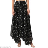 Black flared Georgette skirt with floral print, ideal for women's fashion, maxi length, machine washable