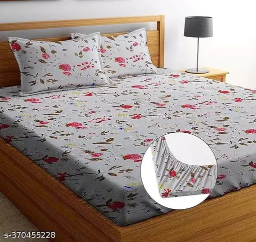 White cotton elastic king size fitted bedsheets with 2 pillow covers, 72x78+10 inches, ideal for summer, floral pattern