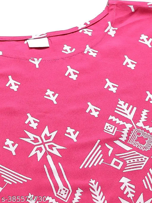 Rayon pink floral round nightsuit set for women, pack of 2 with short sleeves and geometric print