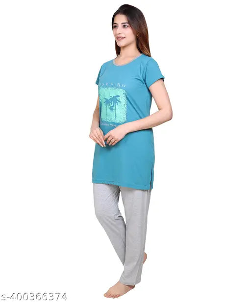 Loose-fit printed polycotton summer night suit set for women's, round neck, self-designed, half sleeve, India origin