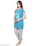 Loose-fit printed polycotton summer night suit set for women's, round neck, self-designed, half sleeve, India origin
