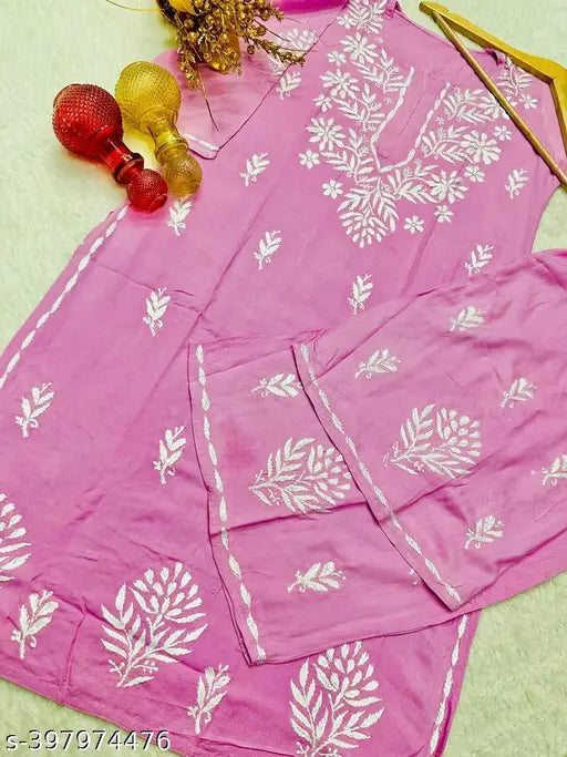 Rayon embroidered chikankari kurti and plazo set, three-quarter sleeves, Indian ethnic fashion for XL to 5XL sizes