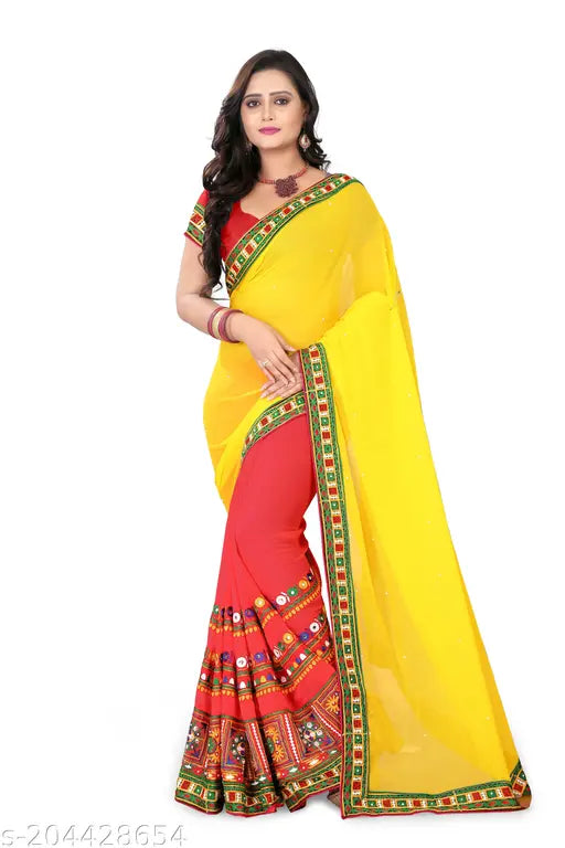 Yellow and pink Georgette embroidered KAVINDI women's saree