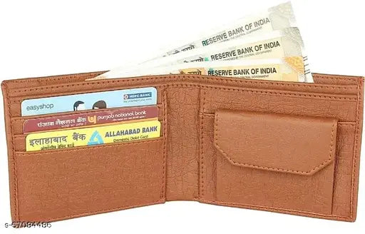 Fancy unique tan PU leather men's wallet with 5 compartments, solid pattern, free size (9x12cm). Durable and compact design for easy portability, perfect gift accessory