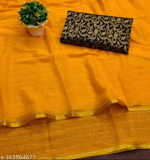 Yellow Georgette saree with separate Italian silk blouse, gold foil embellished, printed pattern, trending Party Wear for Diwali or festive occasions