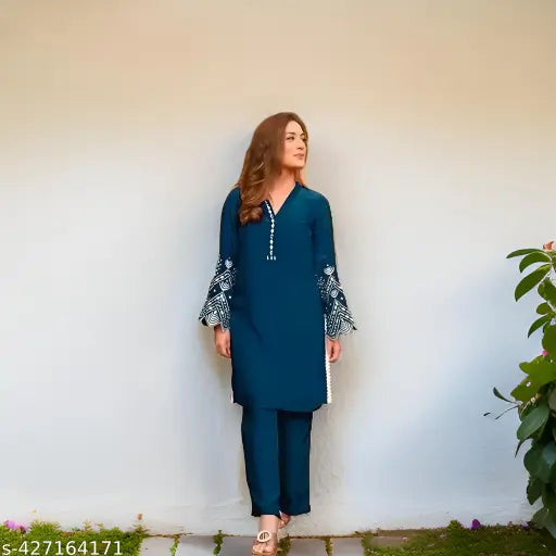 Rayon V-neck Bell Sleeve Kurti Pant Set for Women, women's solid color designer embroidered Indian ethnic wear