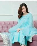 Cotton blend kurta set for women, three-quarter sleeves with dupatta and pants, dyed/washed net pattern. Full stitched Indian outfit in sizes XS-XXXXL