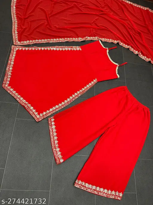 Faux Georgette Kurti Plazzo Set, solid-colored embroidered Indian kurta with matching palazzos made from Georgette fabric, size S or XL, 2.20 meters length