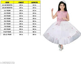 White net party dress with pink accents, embellished and sleeveless, suitable for kids ages 9-10 years. Indian origin