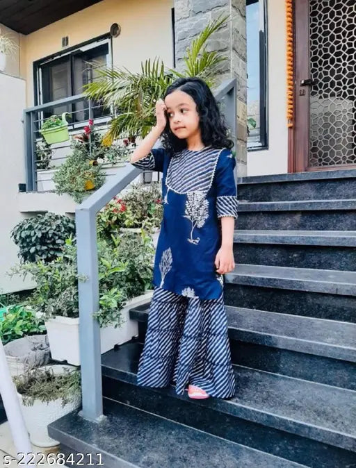 Premium rayon baby girl kurti sharara set, dyed/washed ethnic design with three-quarter sleeves. Single size available from 2-3 years to 6-7 years for multiple occasions. Made in India, high quality and brand trust
