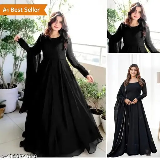 Black Georgette long-sleeved dress, solid pattern for women's formal events