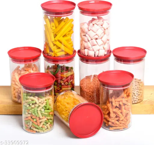 Clear plastic airtight containers, six jars with red lids