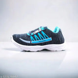 Navy blue sports shoe with white sole, white and blue laces