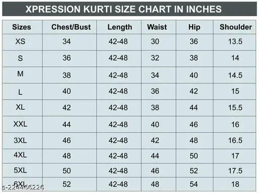 Xpression Kurta size chart in inches. Chest, waist, shoulder measurements. 58, 46, 62