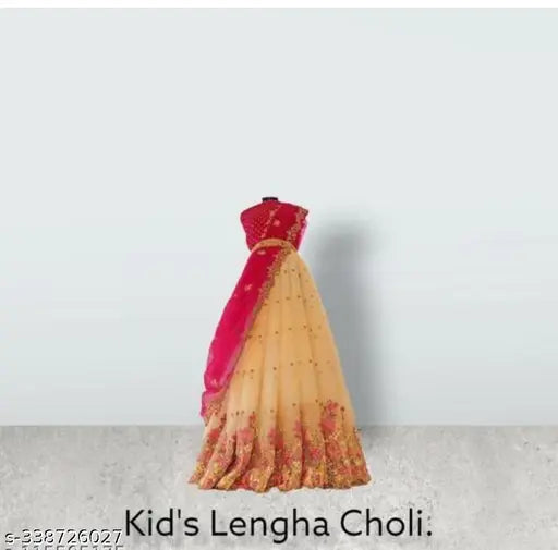 Embroidered net and dupion silk kids lehenga choli, semi-stitched Indian costume for special occasions