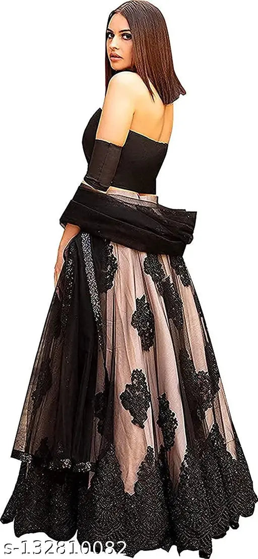 Embroidered semi-stitched black lehenga choli and dupatta set on mannequin, Indian hand embroidery on net fabric for free size semi-stitched traditional wear