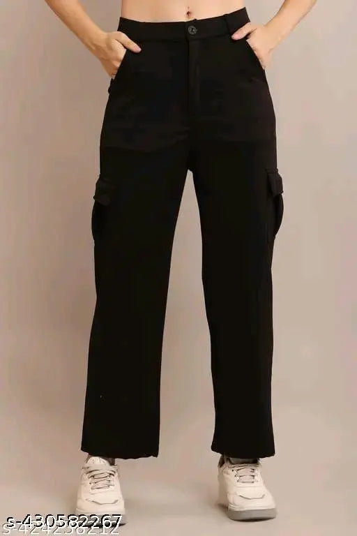Black cargo pants, elastic waistband, front pockets