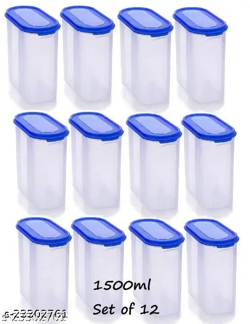 Transparent plastic containers with blue lids, set of 12, 1500ml each