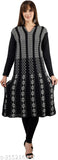 Black and white printed wool kurta, full length, crew neck, long sleeves