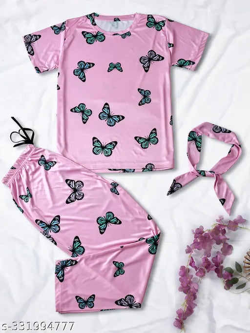 Soft silk butterfly print night suit set: T-shirt, pajamas, and shorts. Includes drawstring elastic waistband for comfort and expandable fit. Indian luxury sleepwear