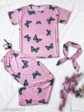 Soft silk butterfly print night suit set: T-shirt, pajamas, and shorts. Includes drawstring elastic waistband for comfort and expandable fit. Indian luxury sleepwear