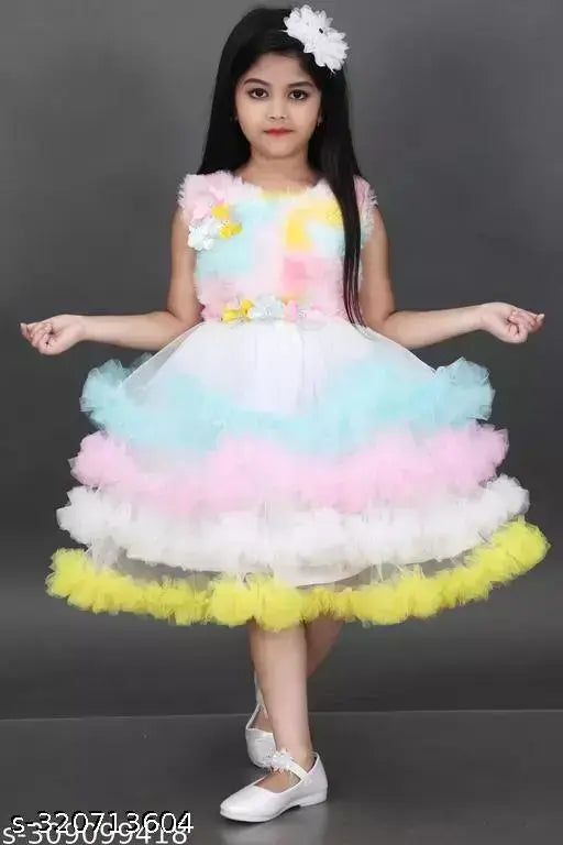 Multicolor net party dress for baby girls, colorblocked fashionable frock with sleeveless design