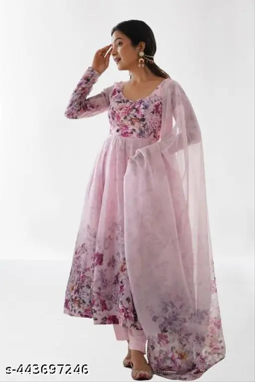 Multicolor organza and crepe dupatta gown with three-quarter sleeves and heavy quality tabby silk fabric, featuring digital print and four-side golden gotta lace border. Indian party wear