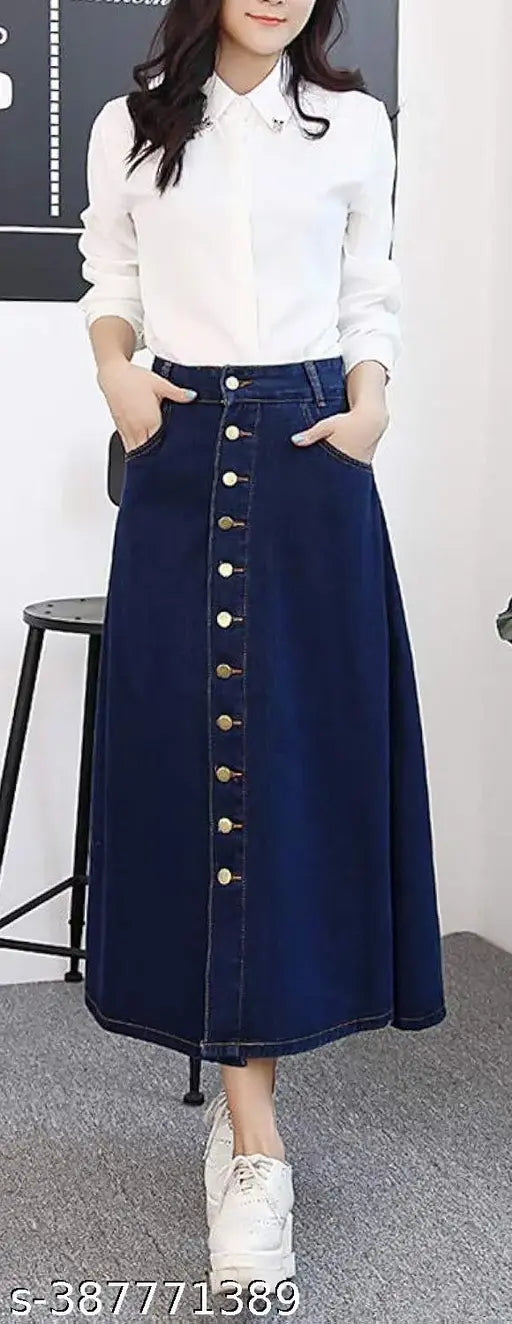 Navy Blue Buttoned A-Line Maxi Denim Skirt, solid pattern, durable denim for women. Lightweight and breathable with adjustable waist, perfect fit for all body types. Denim skirt for women, size options available from 26 to 46 inches waist. Made in India