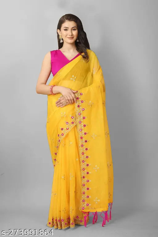 Mustard yellow Super Net sari with separate dupion silk blouse, featuring intricate embroidery and cutwork border