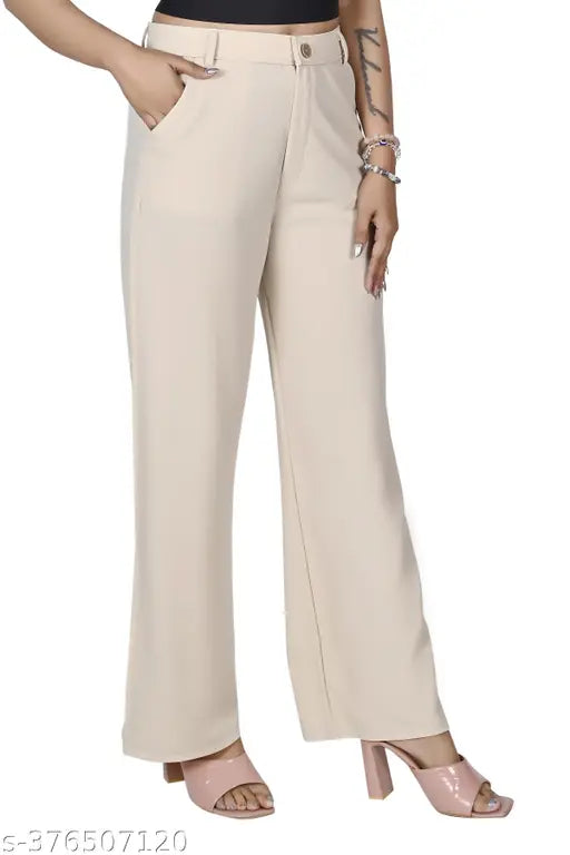 Beige cotton high-waisted side pocket trousers, women's formal wear