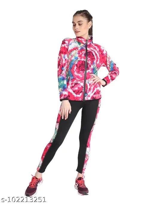 Solid pink polyester women's jacket with printed net, long sleeves, anti-microbial technology, durable and comfortable, India-made activewear