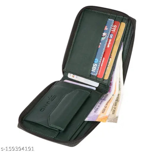 Green PU leather, 2-compartment zip wallet for men by BI Men. Well-crafted, durable design for daily essentials