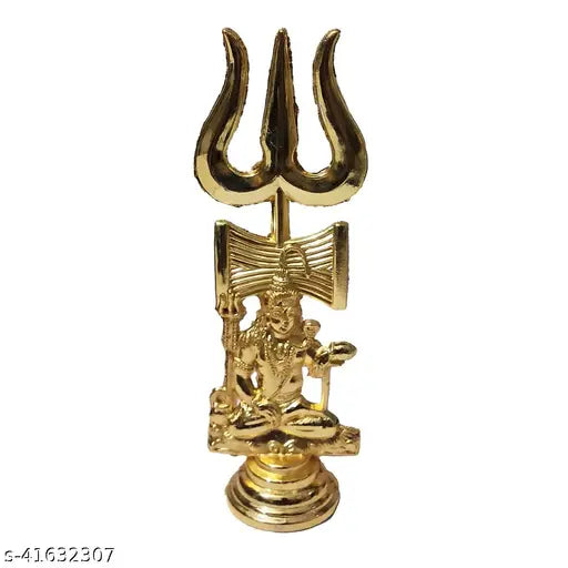 Handmade gold metal Shiva Trishul with Damru, Indian art piece for car dashboard or home puja decor