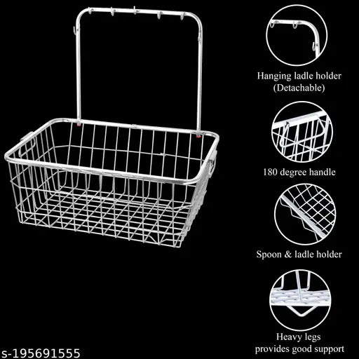 Stainless steel kitchen dish drainer, with hanger and one spoon holder, measuring 53x43x23 cm