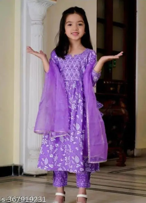 Purple Rayon-Cotton blend Kurta and Dupatta set with three-quarter sleeves, printed pattern, designed for ages 7-8 to 11-12 years. Jaipuri Indian Girls' fashion." (125 characters)