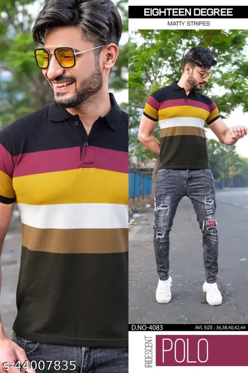 Striped cotton short-sleeved men's t-shirt, trendy fashionable, made in India