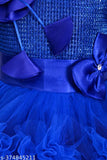 Royal blue net frock for girls, embellished with ruffled trim