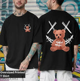 Men's black cotton blend graphic printed oversized half sleeve Teddy t-shirt, perfect for comfort and charm. Teddy bear design on both front and back