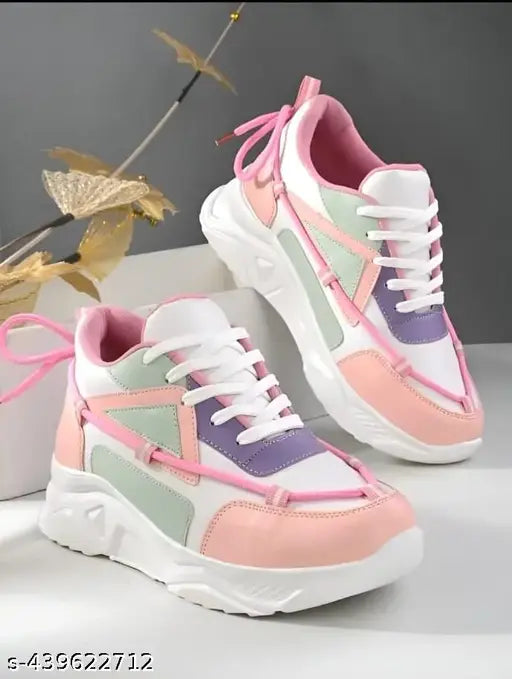 Pink synthetic casual sneakers for kids, rubber sole, lace-up design