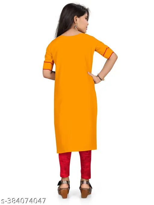 Yellow colorblocked cotton kurti & kurtas for girls, modern design with long sleeves, Indian origin