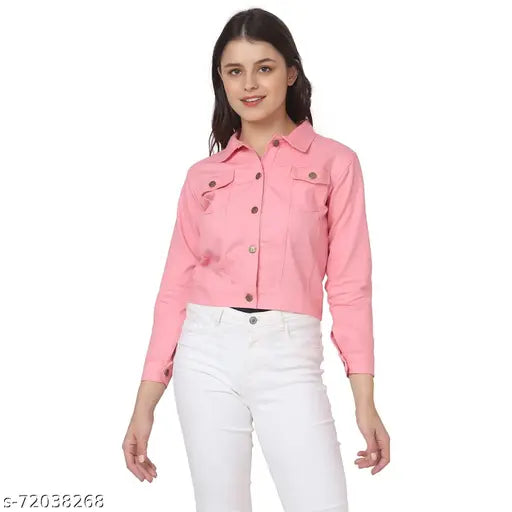 Women's denim jacket, solid pattern, three-quarter sleeves. Exclusive Indian-made denim jacket for women on display with regular collar, full sleeves, and closure button