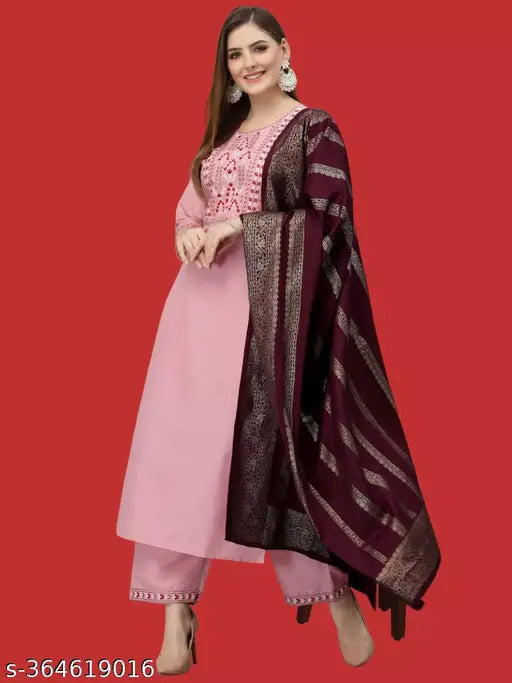 Cotton Aishani Pretty Women Kurta Sets, three-quarter sleeves, printed design with dupatta and bottomwear. Stitched net set for women, available in S to XXXL sizes. Indian origin