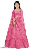 Embroidered net lehenga choli for girls (3/4 sleeves), India-made party wear in nylon and net