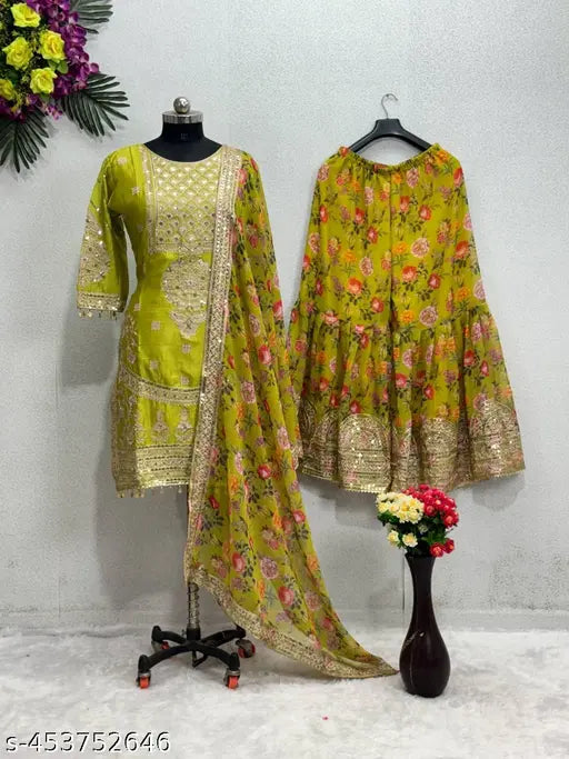 Yellow and green floral embroidered suit set with matching dupatta