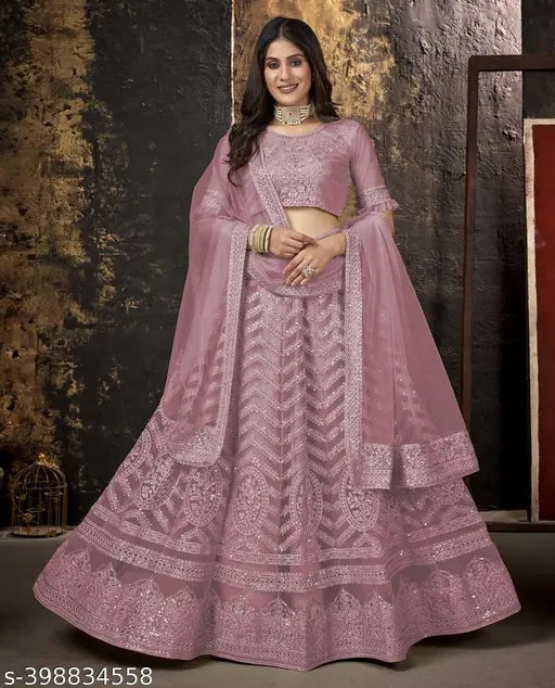 Embroidered net lehenga choli set, semi-stitched with 42 inch waist and length, solid dupatta from India