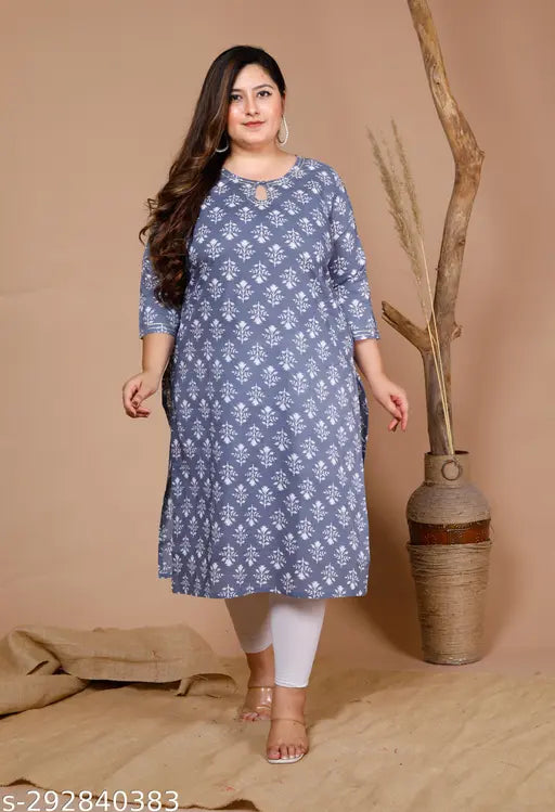 Pacify Plus Size Cotton Printed Kurta, Stylish 3/4 Sleeve, Knee-Length in Multicolor - Women's Casual Wear