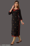 Rayon black solid embroidered kurta, three-quarter sleeves, India-origin women's fashion