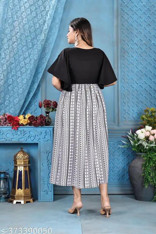 High Tranding Stitched Fancy Rayon Flared Printed Ghera Kurti, women's rayon kurti with short sleeves in vibrant print design, India origin