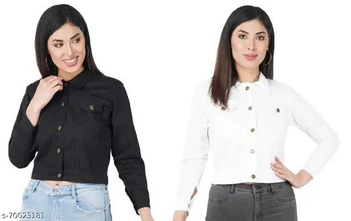 Women's combo pack of 2 solid denim full sleeve jackets, three-quarter sleeves, premium quality, versatile wardrobe staple, India origin
