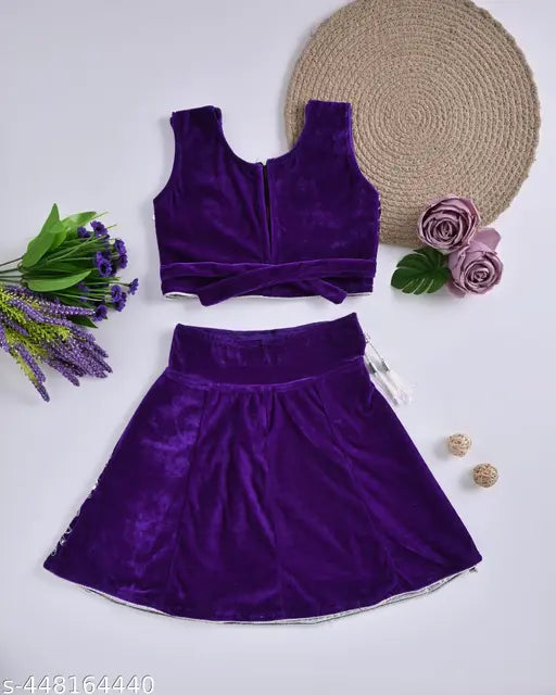 Velvet baby girl fancy lehenga set, embellished with zari stitch, sleeveless design, available in various sizes from 0-3 years
